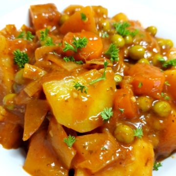 Vegan Irish Stew in a white bowl