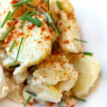 Vegan Potato Salad in a white bowl