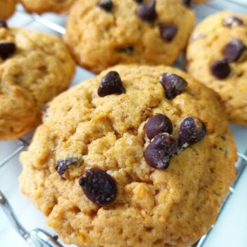 Sweet potato chocolate chip cookies on a wire tray